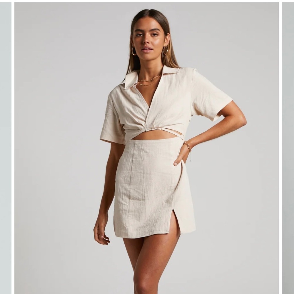Showpo Beige Cotton Cutout Mini Dress US 14 Short Sleeve Collared‎ Back Tie Slit